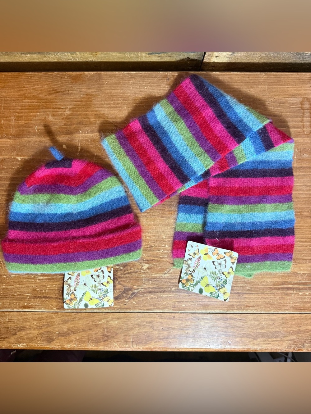 Cappelli Straworld Kids Hat and Scarf Angora Wool Polyester Striped Blue Pink